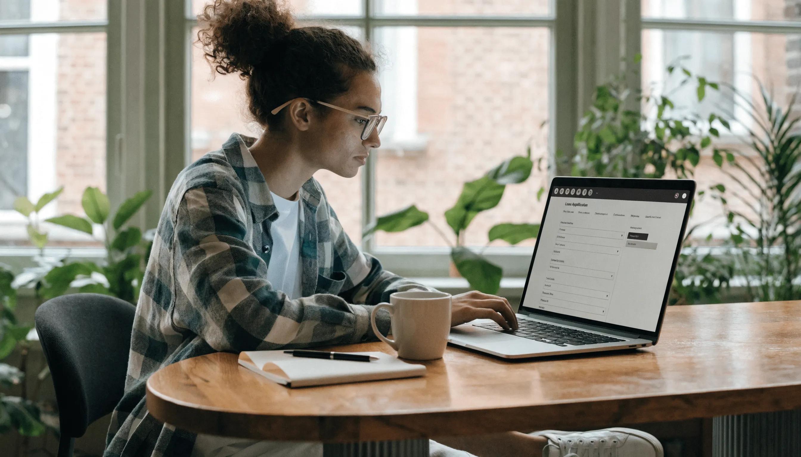 Young adult completing an online payday loan application with a laptop and notepad
