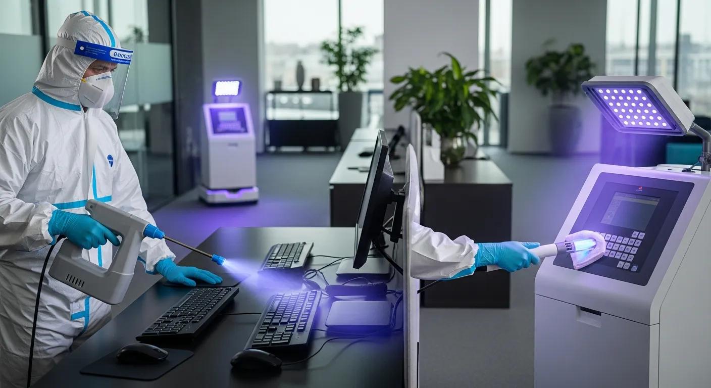 Technician disinfecting high-touch surfaces with advanced methods Technician disinfecting high-touch surfaces with advanced methods