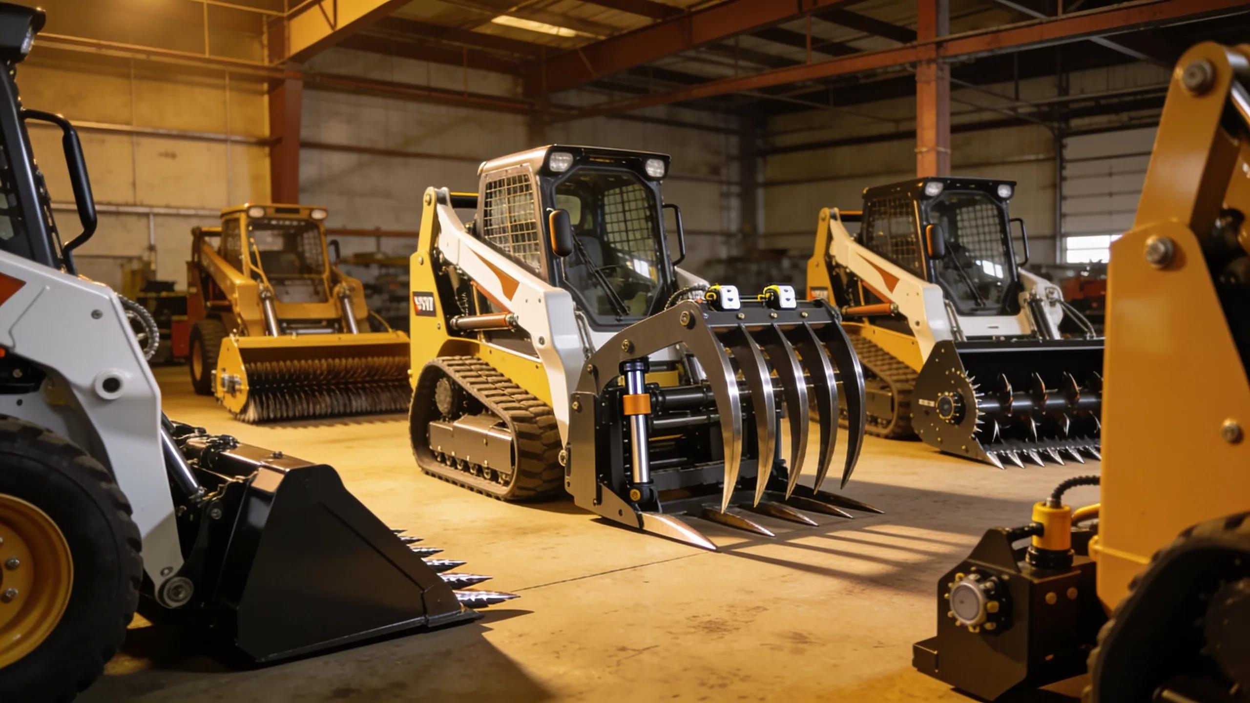Showcasing various custom skid steer attachments including brush cutters and grapples, highlighting innovation in land clearing technology