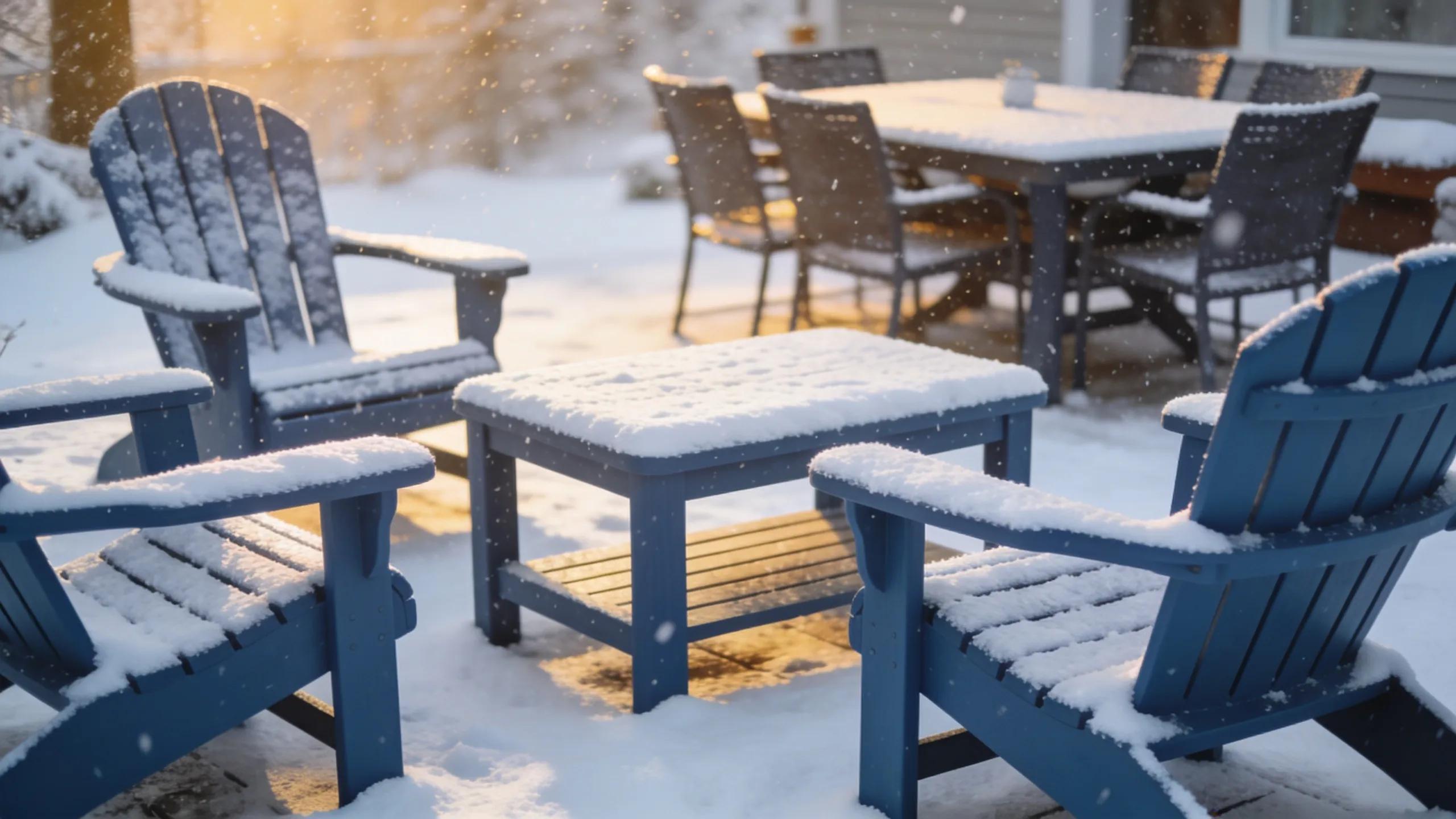 Poly outdoor furniture in a winter setting with snow, showcasing durability and appeal