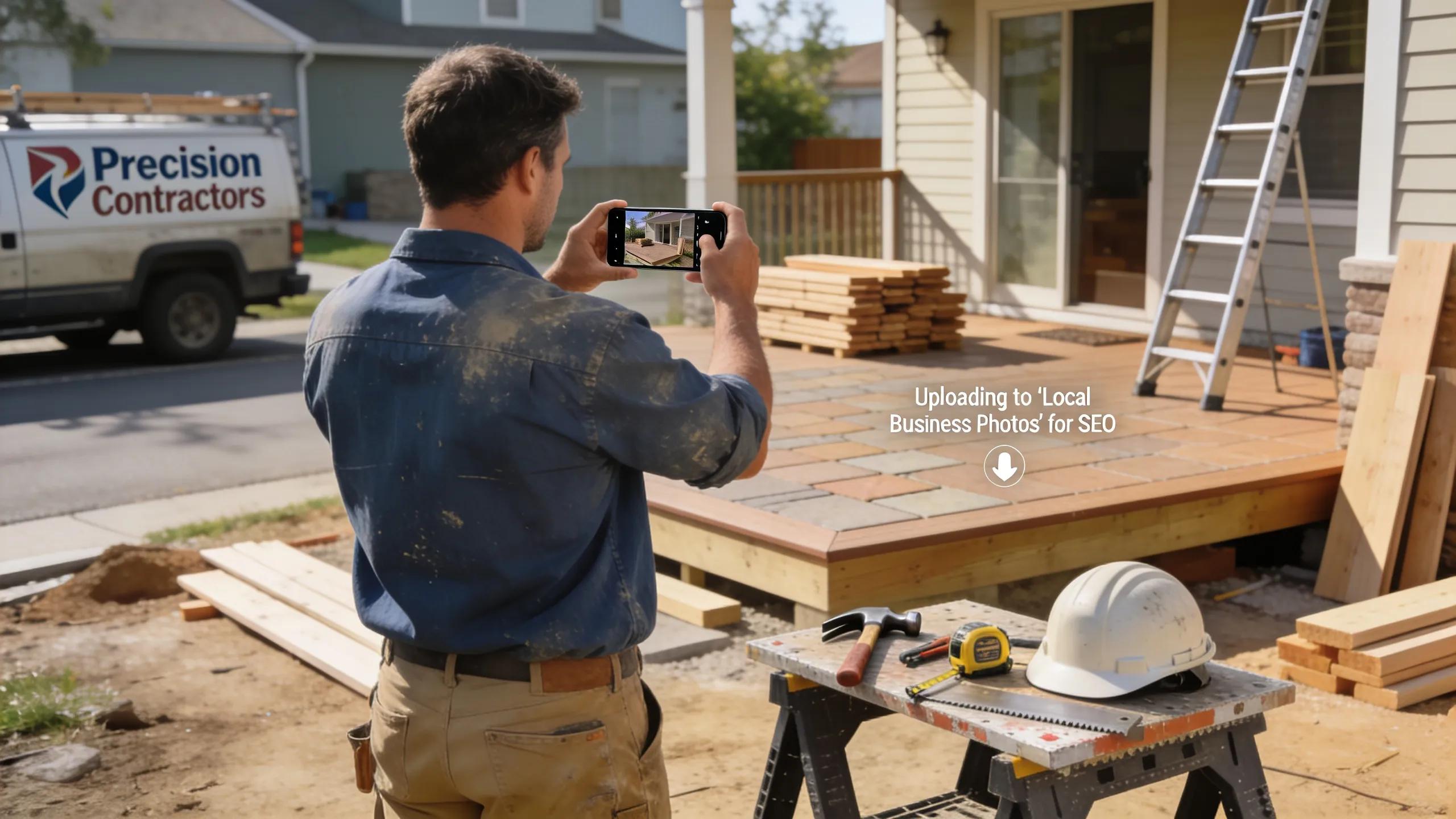 Contractor enhancing Google Maps SEO by uploading job site images