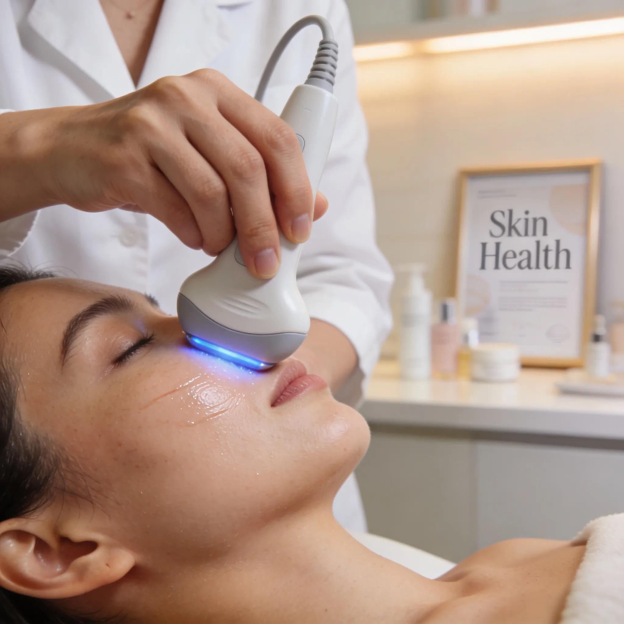 Aesthetic specialist using focused ultrasound device on a patient’s lower face to tighten skin Aesthetic specialist using focused ultrasound device on a patient’s lower face to tighten skin