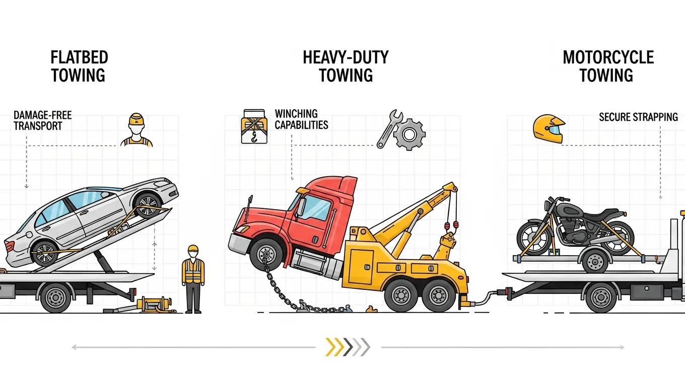 Illustration of various towing methods including flatbed, heavy-duty, and motorcycle towing, emphasizing safe transport options
