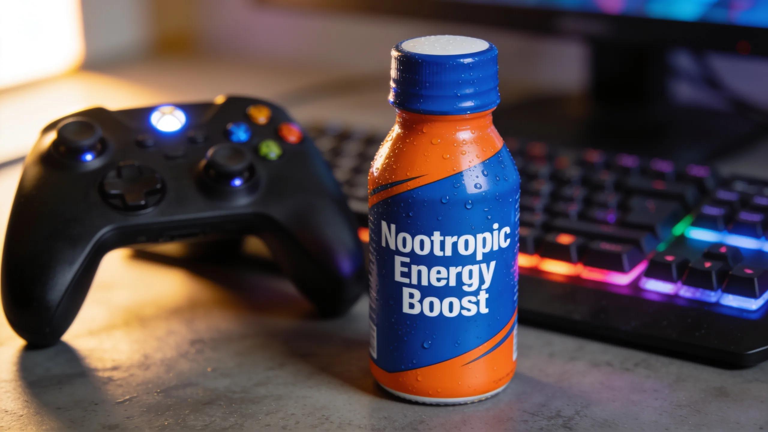 Close-up of nootropic energy shot highlighting focus and cognitive enhancement for gamers