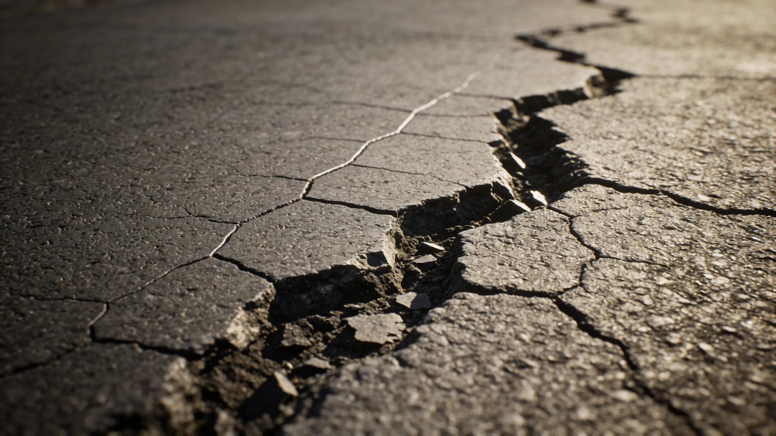 Close-up view of various asphalt cracks including hairline, alligator, and slippage cracks highlighting surface deterioration.