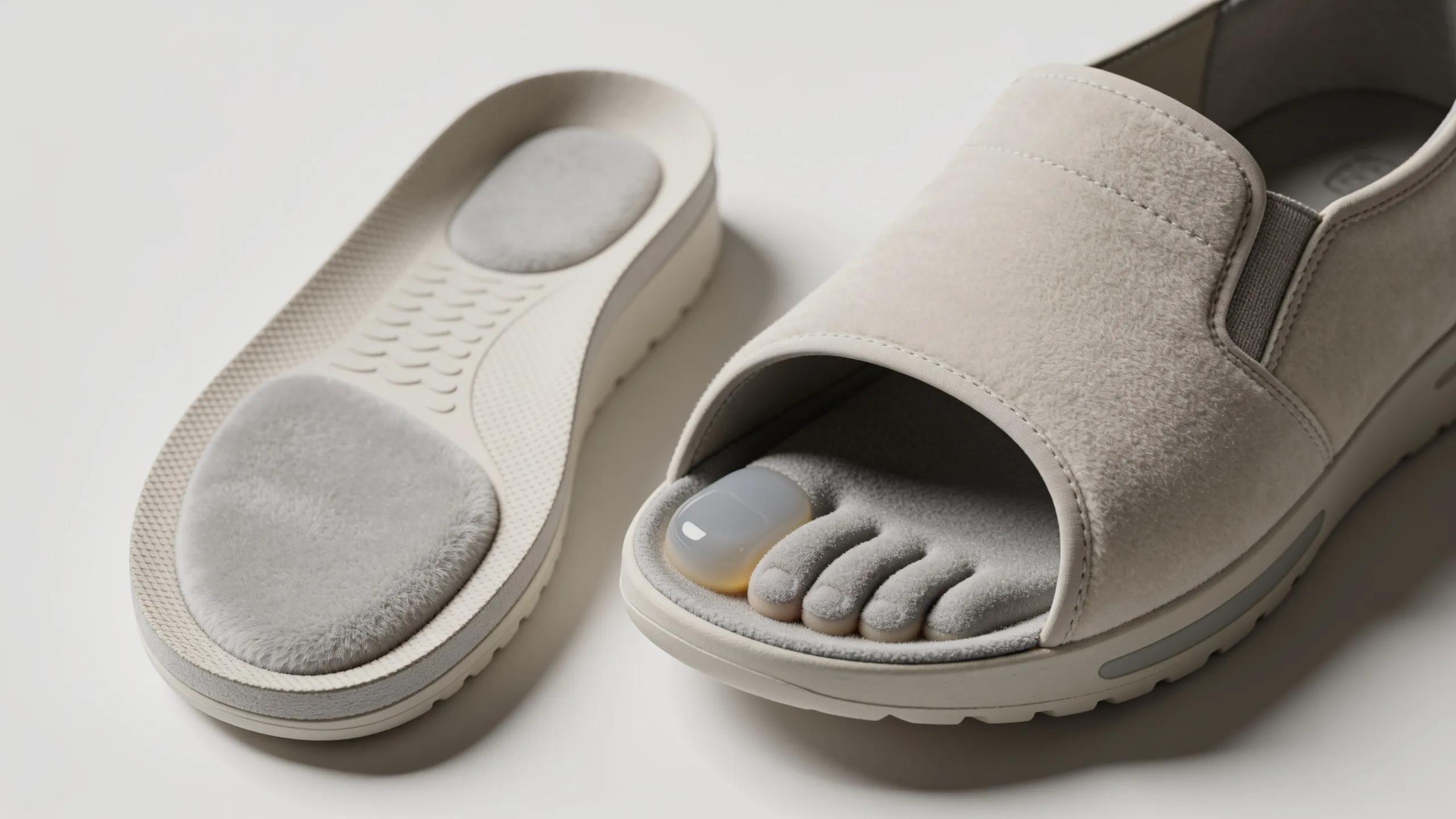 Close-up of cushioned soles and wide toe boxes in arthritis footwear, illustrating features that reduce discomfort.