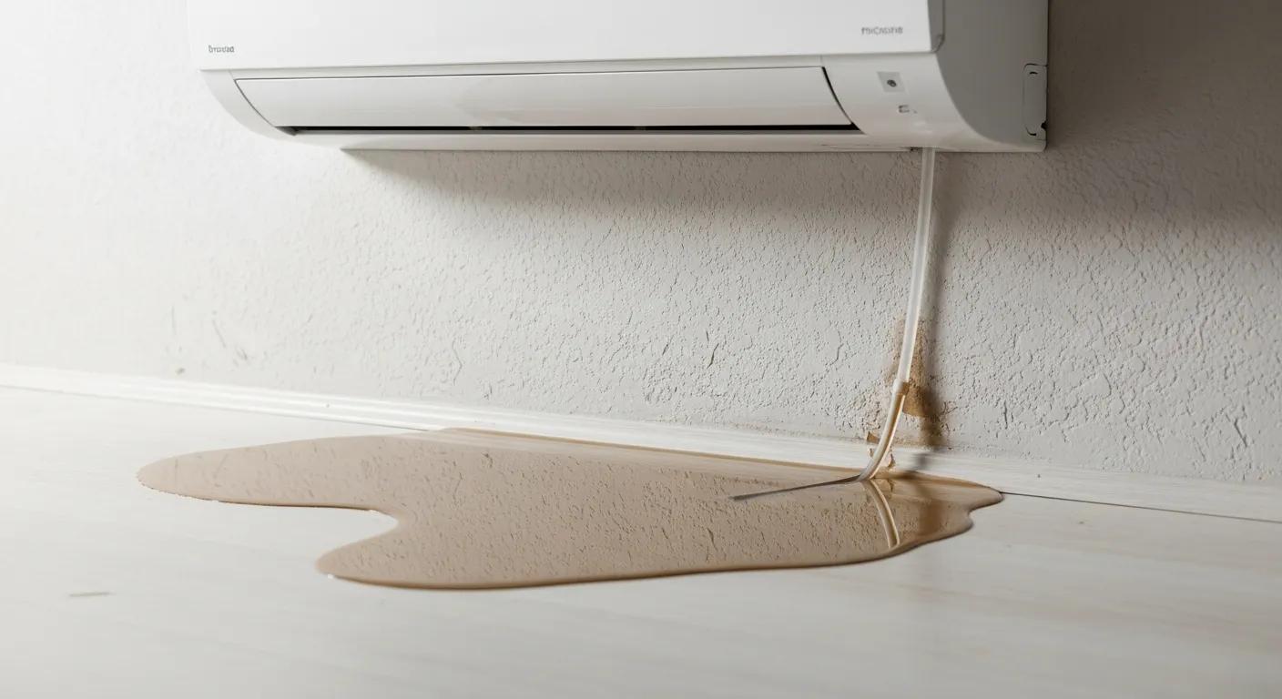 Pooled water under a wall-mounted mini split indoor unit indicating a condensate or drain issue Pooled water under a wall-mounted mini split indoor unit indicating a condensate or drain issue