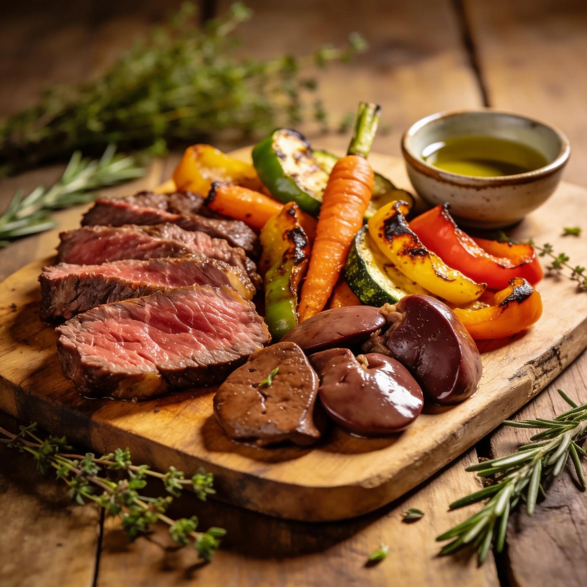 Vibrant plate of grass-fed beef and organ meats with fresh vegetables, emphasizing ancestral nutrition