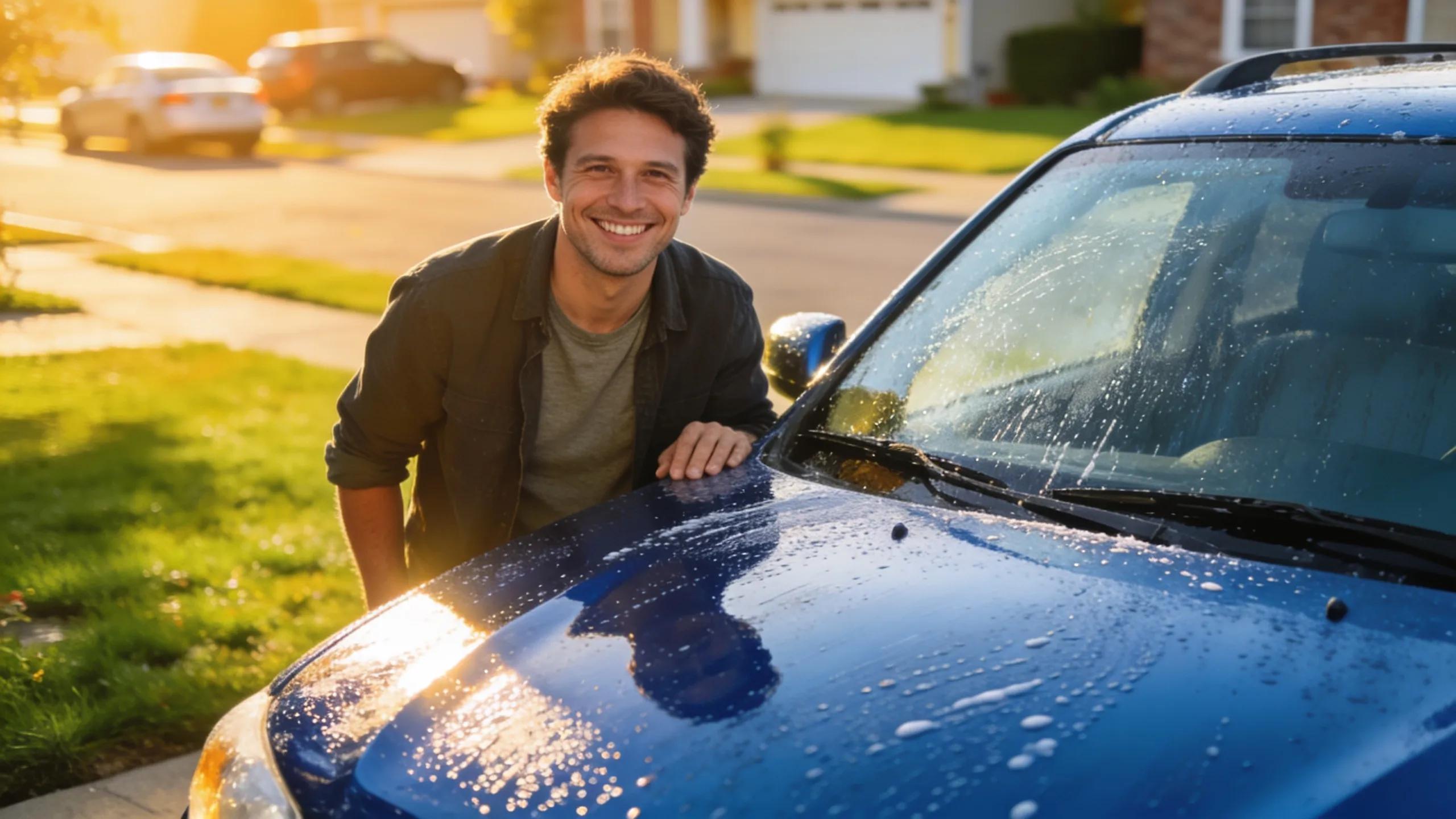 Satisfied customer examining a freshly detailed car highlighting the benefits of on-site mobile car detailing services