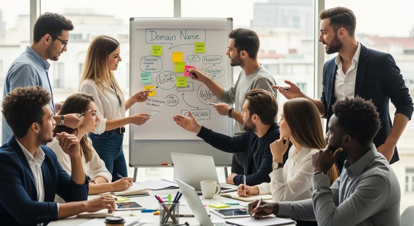 Diverse team brainstorming domain name ideas in a collaborative office environment, highlighting creativity and teamwork