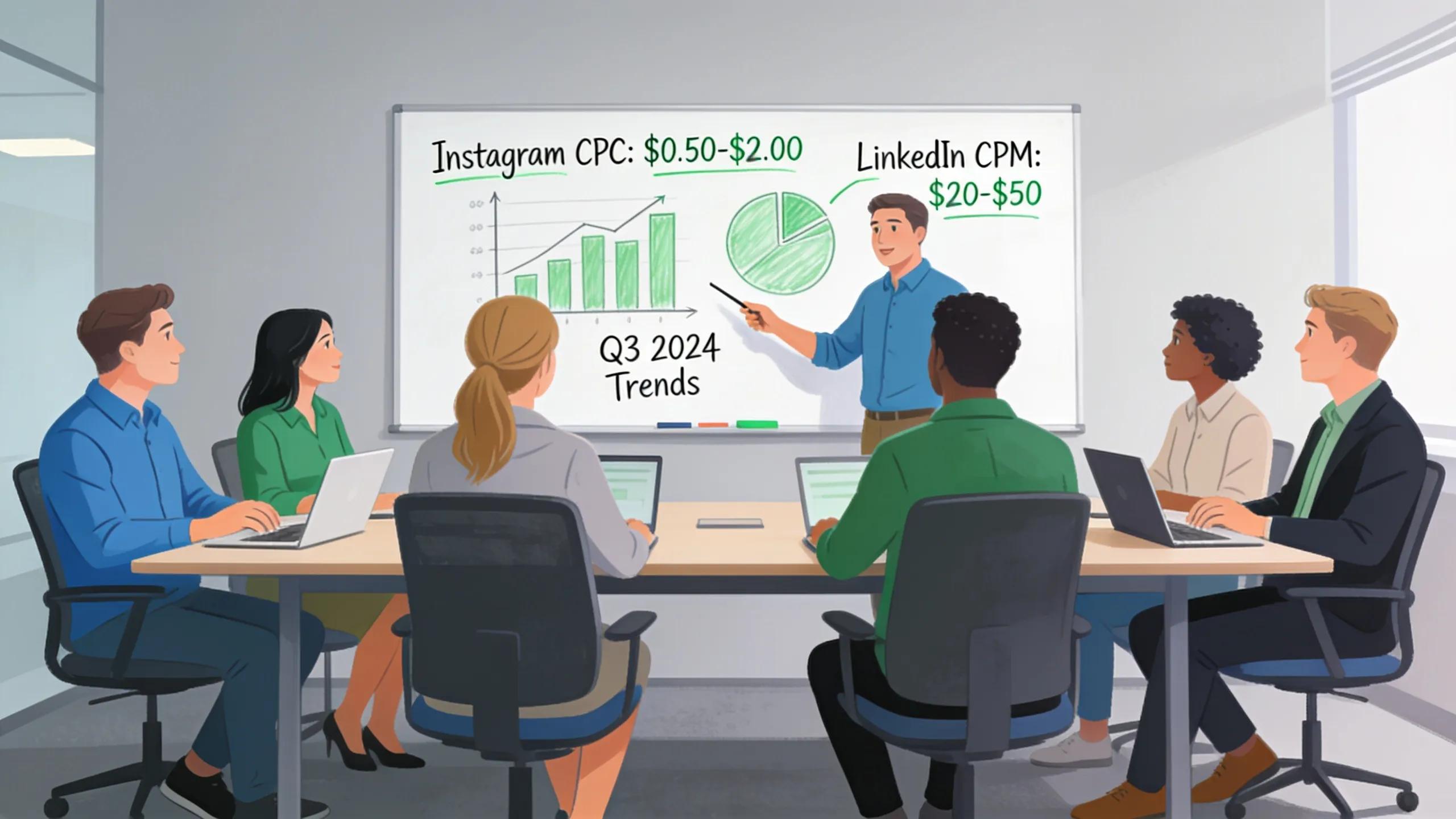 Marketing team discussing current pricing trends for Instagram and LinkedIn advertising
