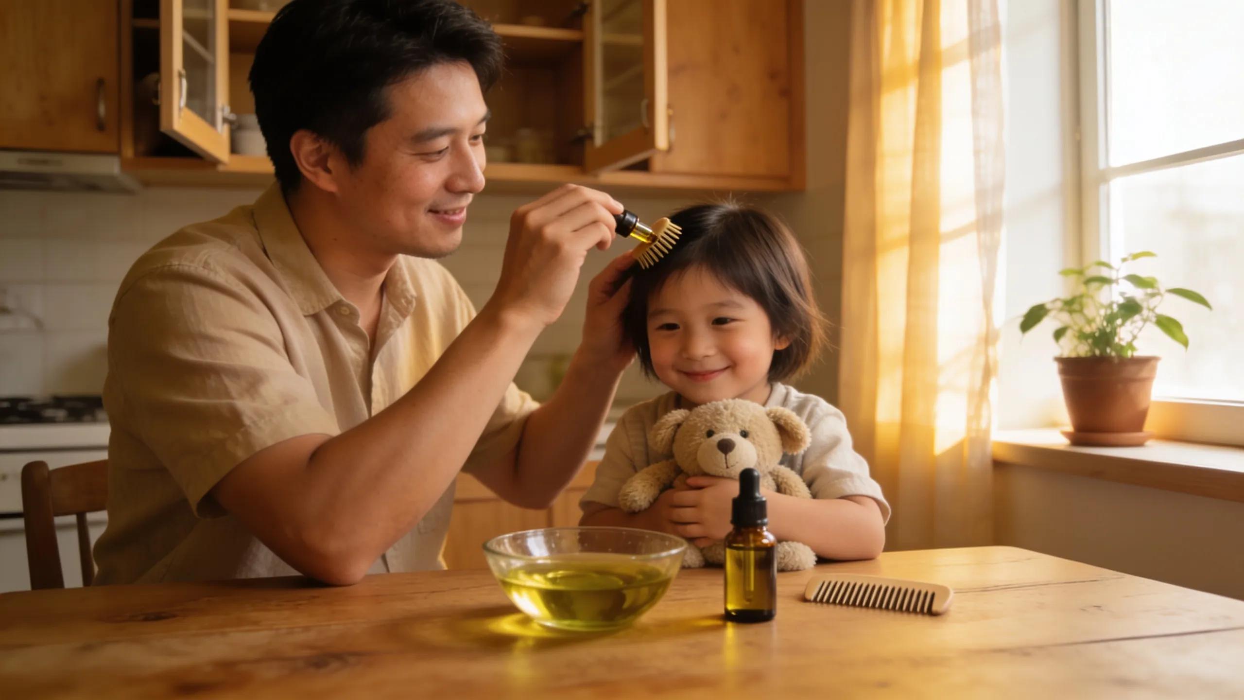 Parent and child applying non-toxic lice treatment methods in a home setting, emphasizing safe treatment practices for children