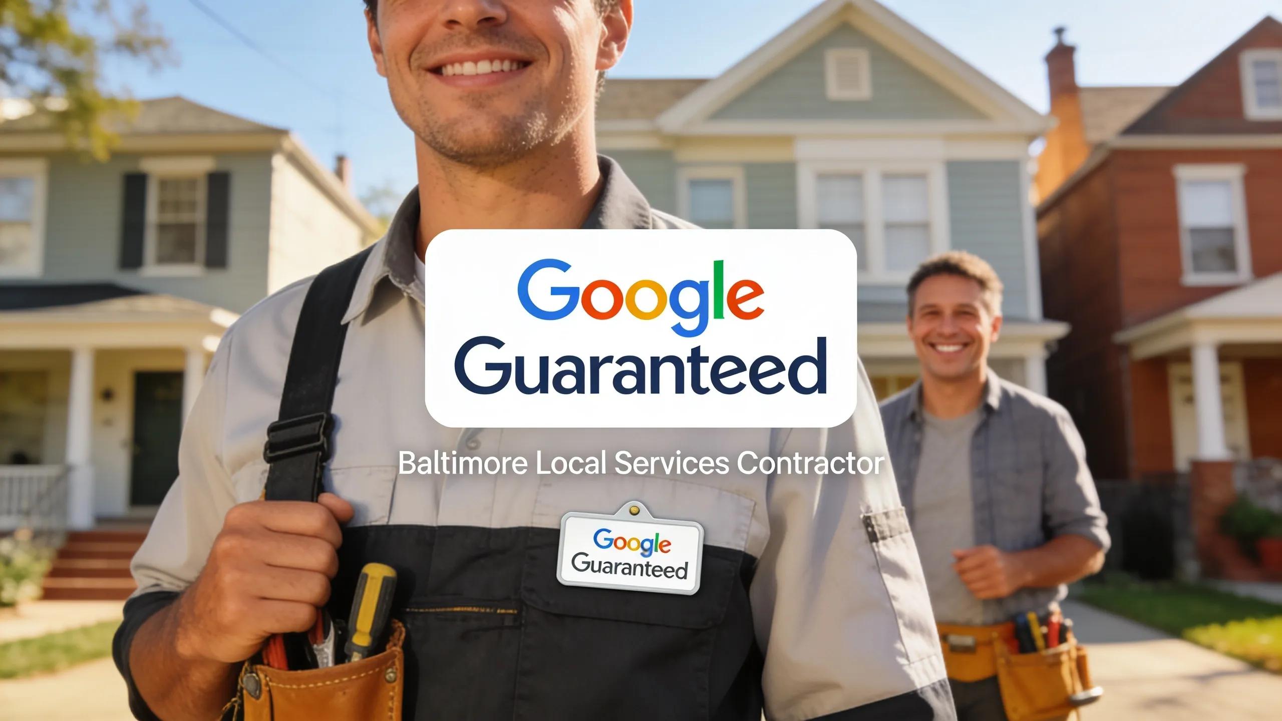 Contractor holding Google Guaranteed badge in front of a service area in Baltimore, signifying trust and quality assurance