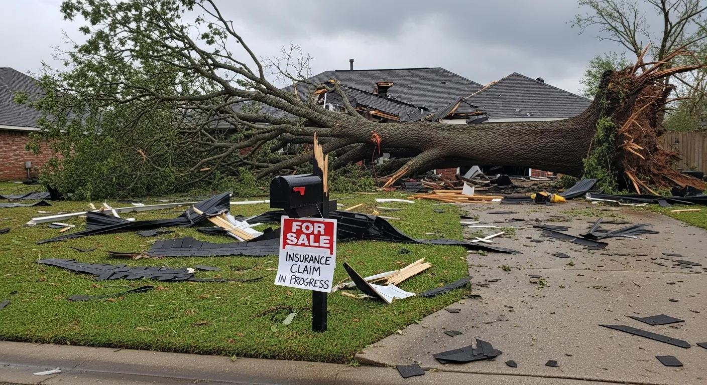 Storm-damaged property with fallen trees and roof damage, emphasizing the need for insurance claims