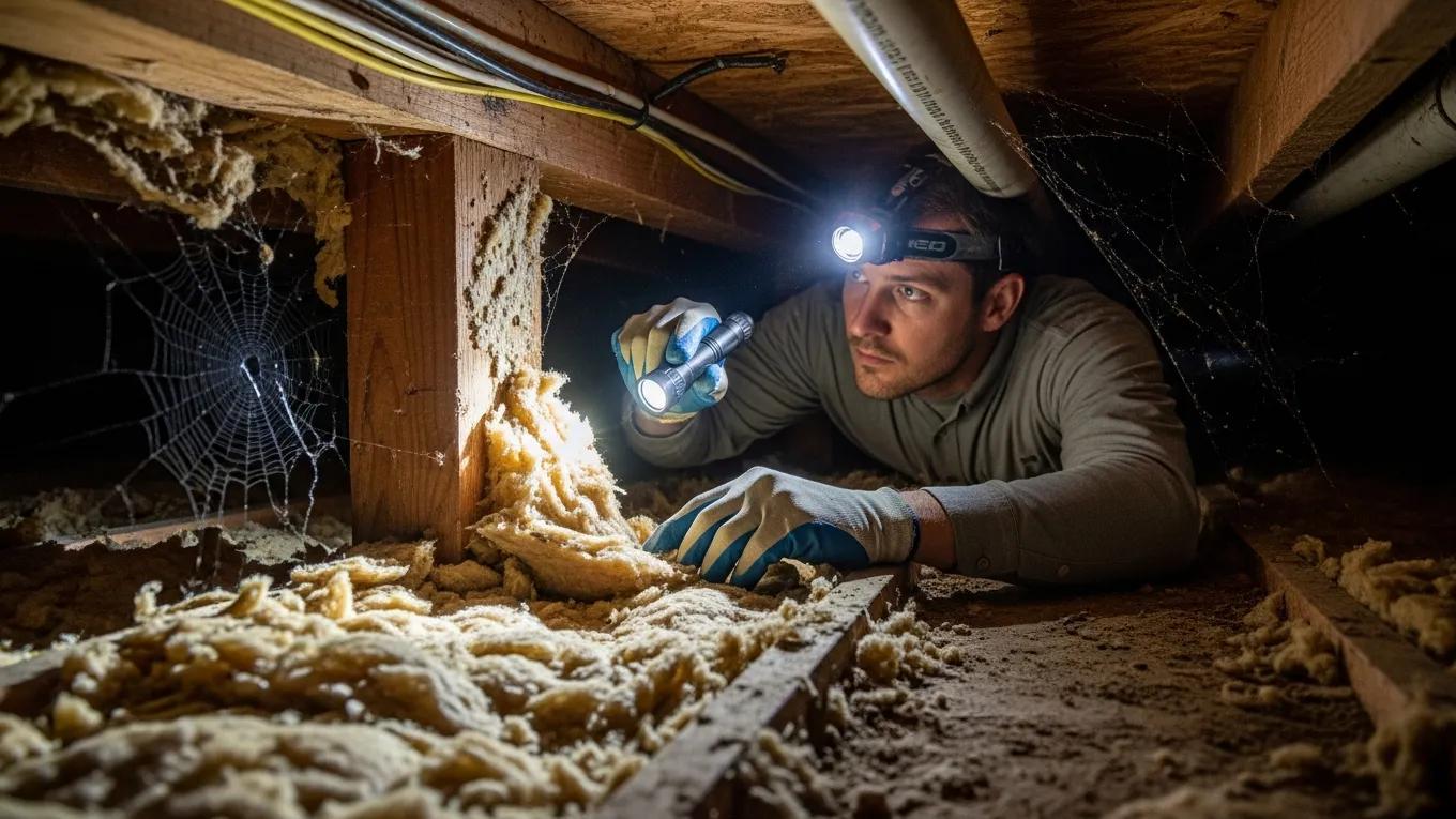 Pest inspector evaluating insulation for vulnerabilities in a crawl space