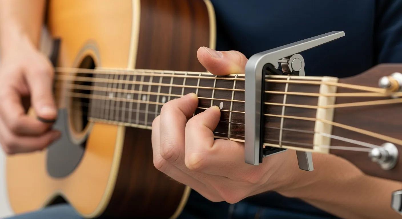 Player fitting a capo onto the fretboard, showing correct placement and setup