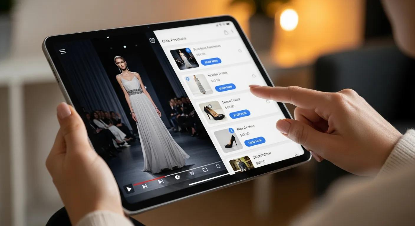 Person tapping a shoppable video on a tablet, showing a seamless path from content to checkout