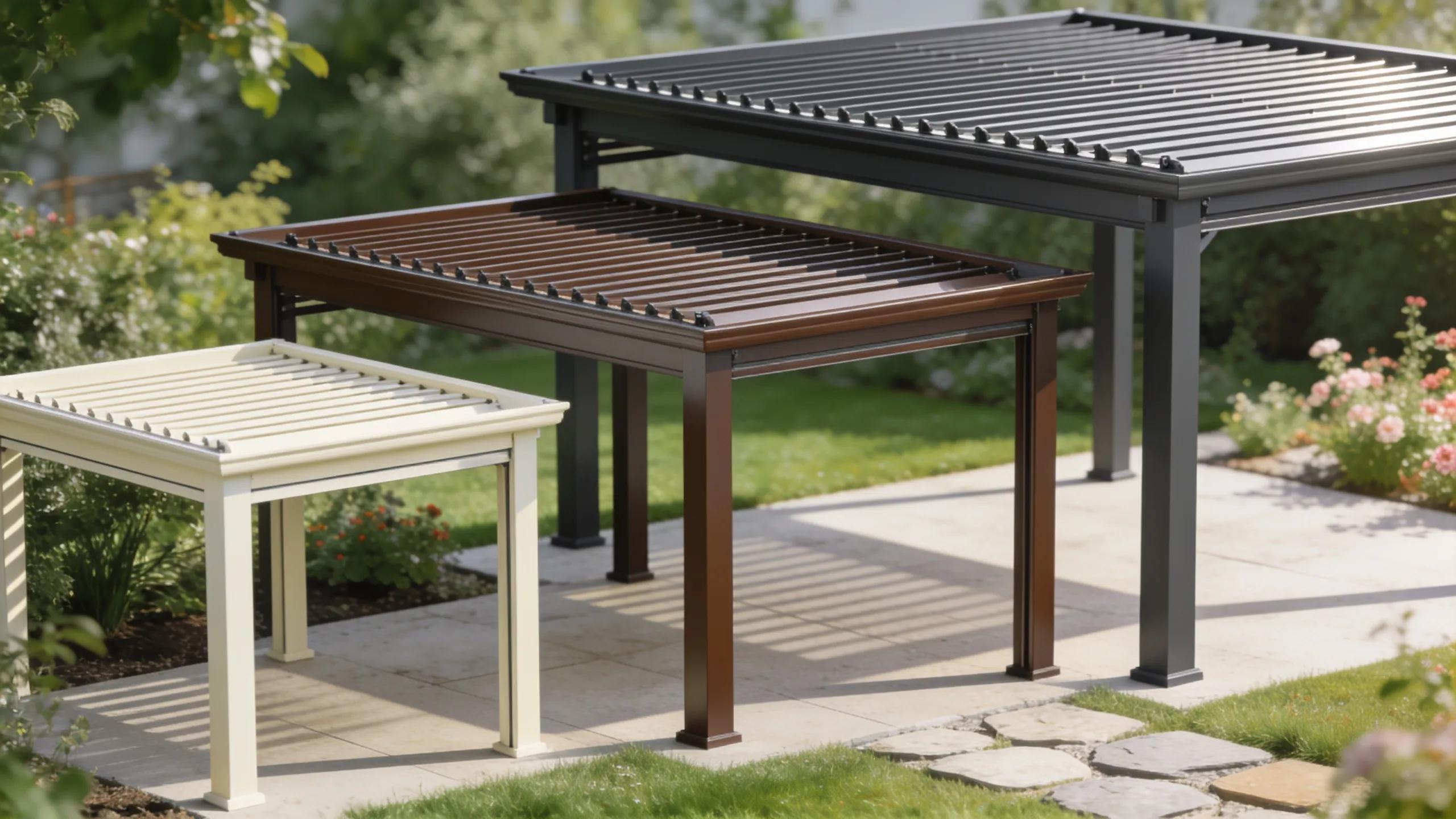 Diverse aluminium pergolas in different designs and finishes, emphasizing customisation for outdoor spaces