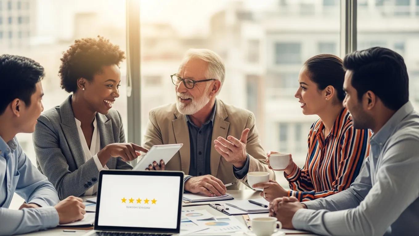 Diverse business owners sharing positive experiences with public adjusters