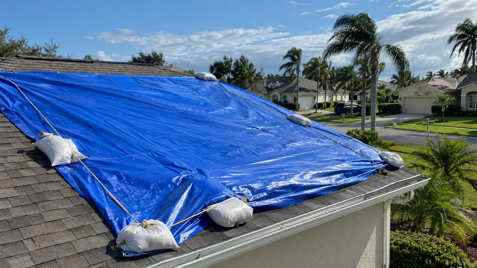 Emergency tarp installation on storm-damaged roof to prevent water intrusion
