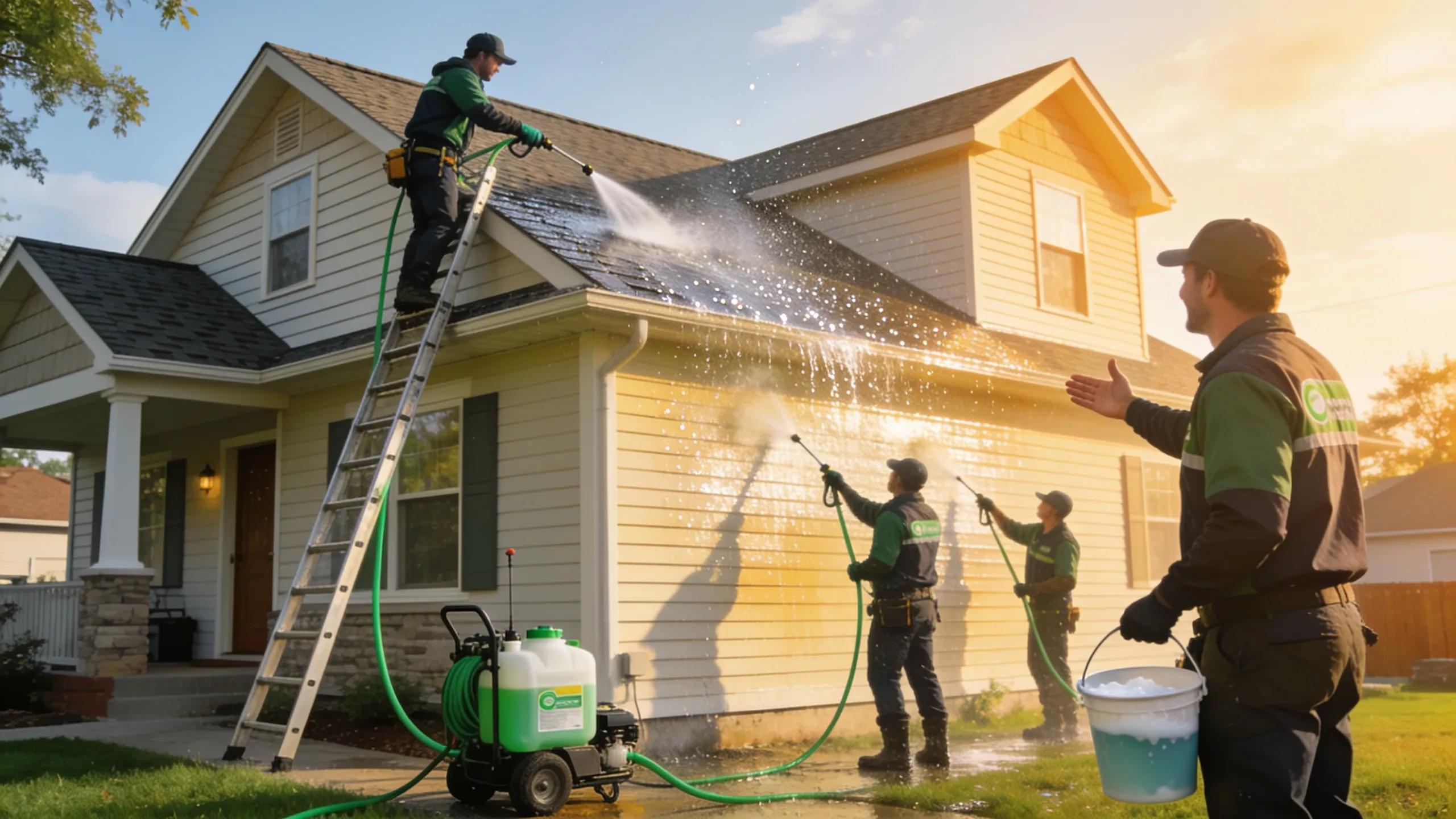 Professional team performing eco-friendly exterior cleaning on a residential property in Mankato MN