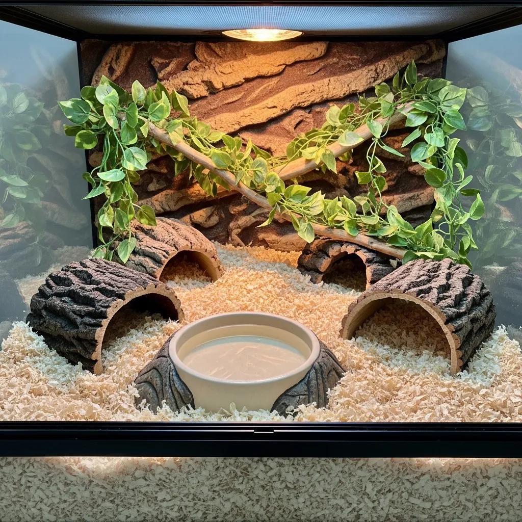 Ball python habitat setup with natural elements and hiding spots