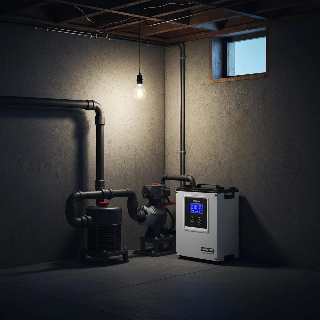 Battery backup unit beside a sump pump, showing how it keeps the pump running during outages
