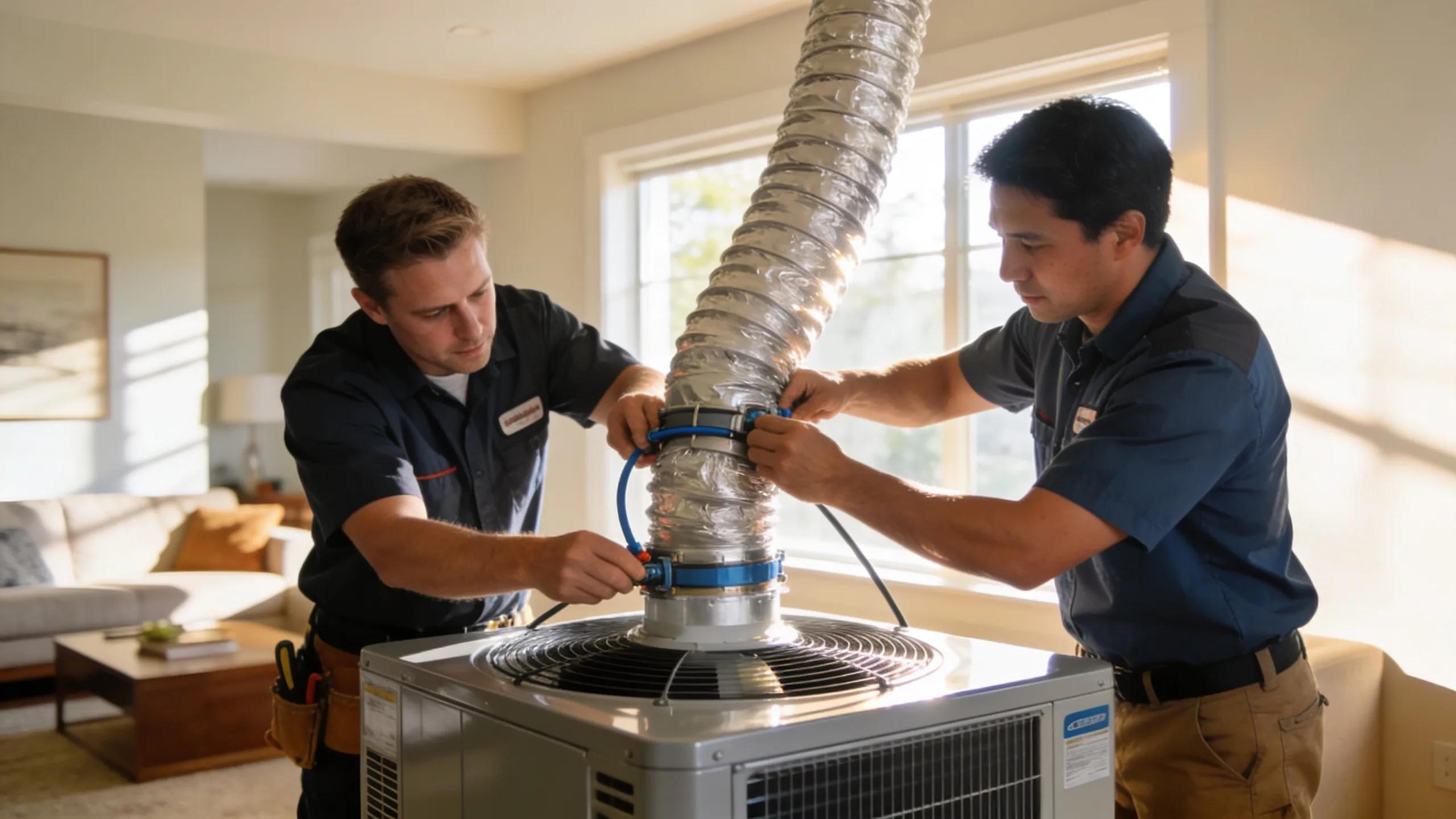 HVAC installation technicians working on an air conditioning unit in a modern Fremont home
