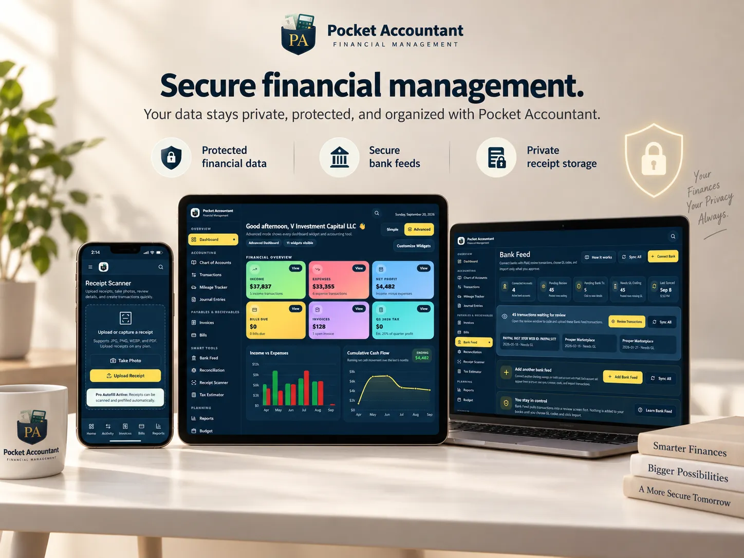 Small business owner confidently managing finances with organized records