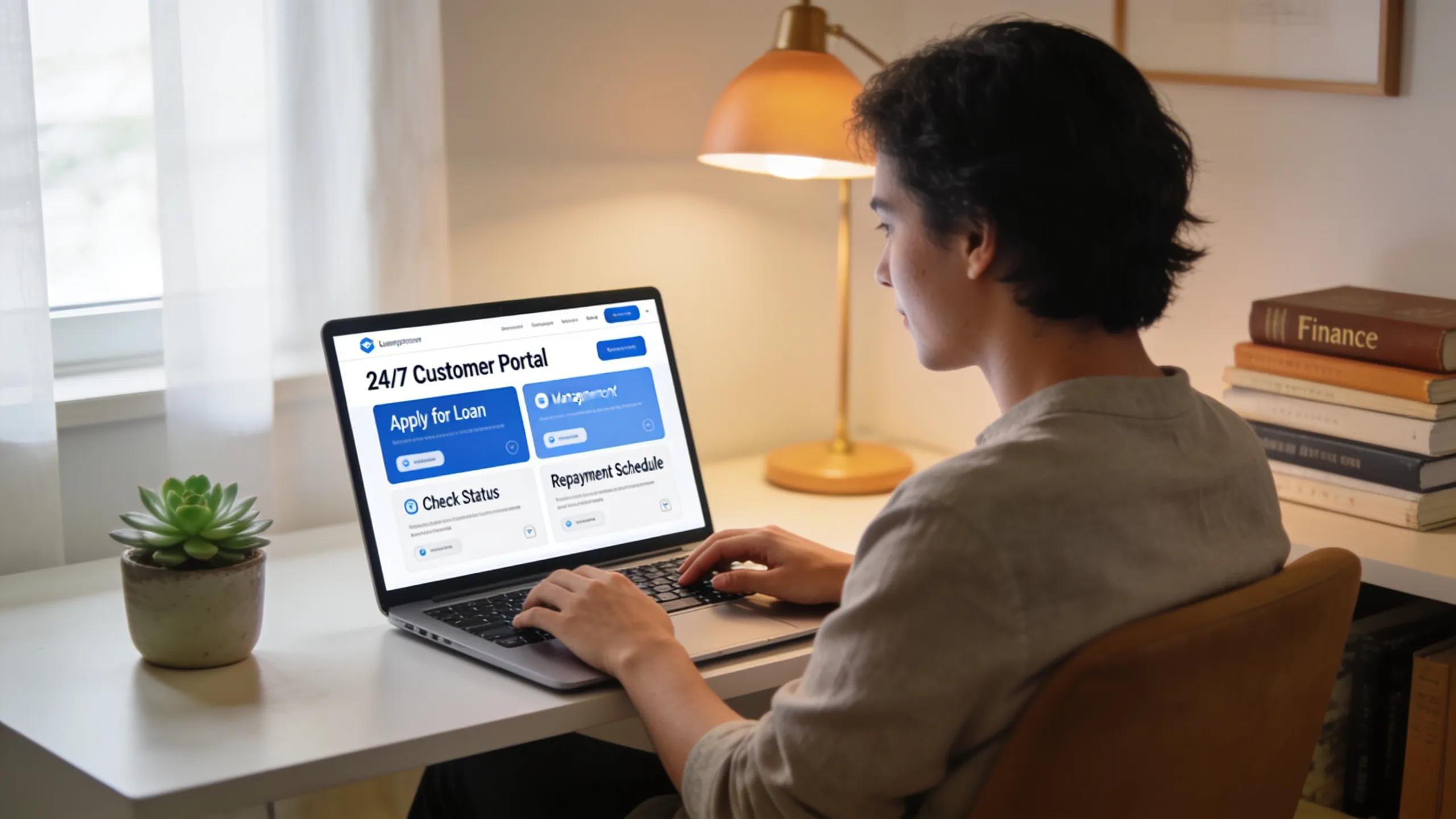Person using a laptop to access a 24/7 customer portal for payday loan management Person using a laptop to access a 24/7 customer portal for payday loan management