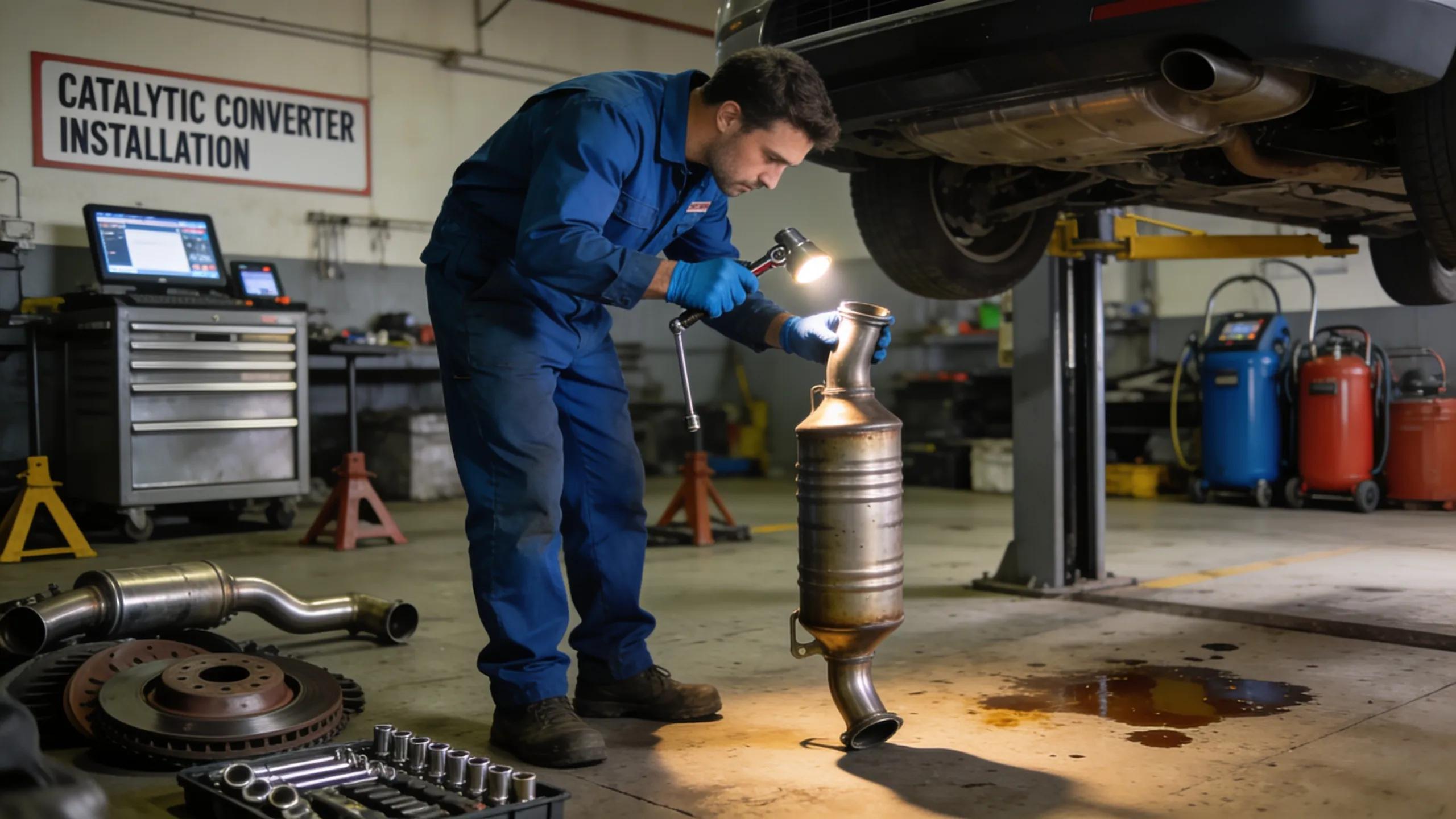 Mechanic inspecting a vehicle's catalytic converter in an auto repair shop Route 40 Auto mechanic installing catalytic converter on vehicle lift.