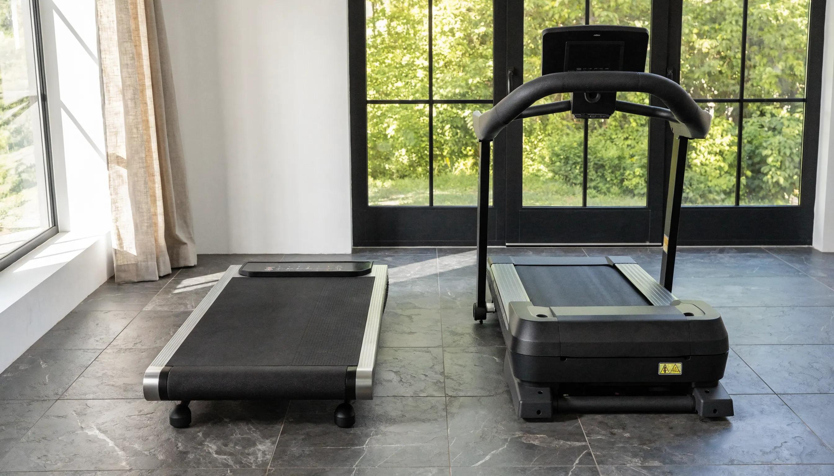 Comparative image showcasing a walking pad and traditional treadmill in a home gym setting.
