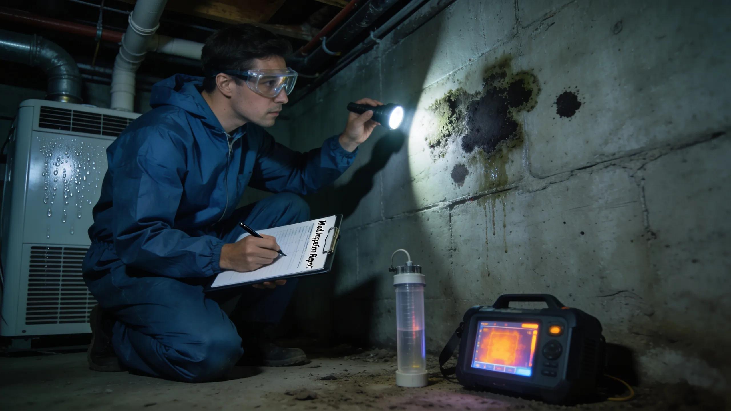Certified mold assessment with an inspector evaluating mold in a Southeast Michigan home basement
