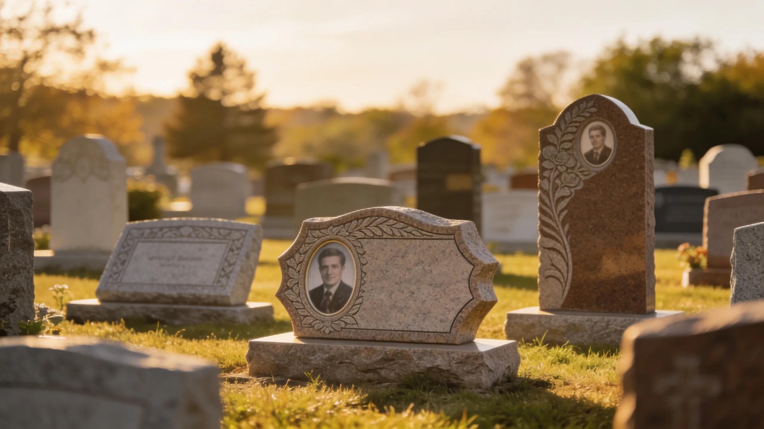 Diverse personalized memorial stones showcasing different designs in a cemetery