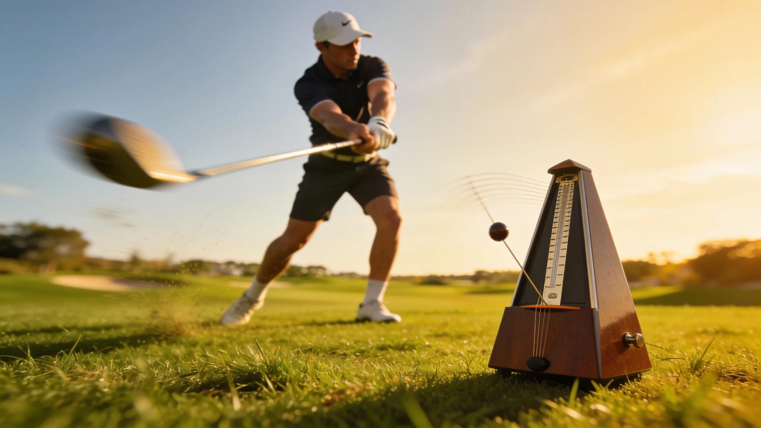 Golfer practicing swing rhythm with a metronome near their stance