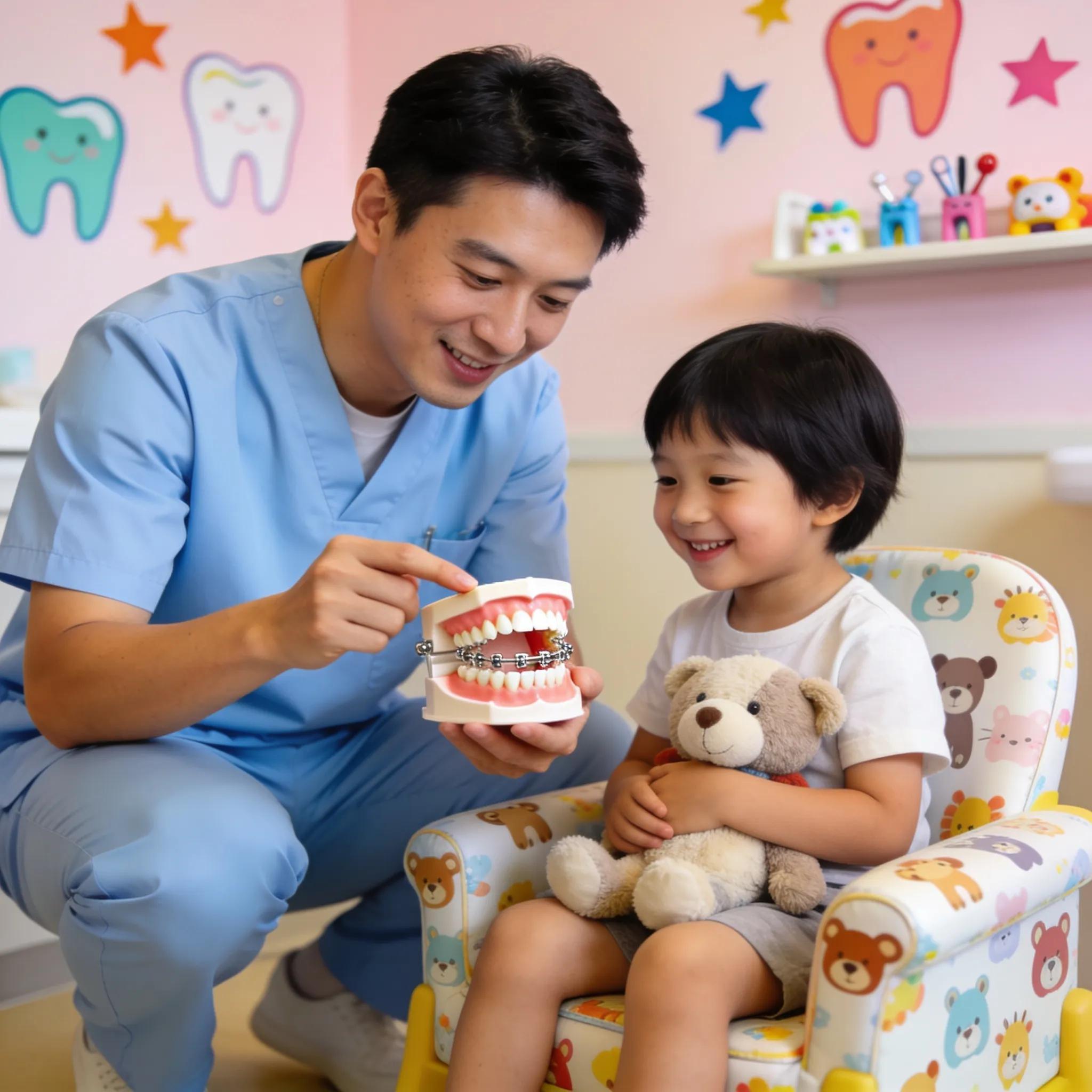 Pediatric dentist uses an orthodontic model engagingly with a child, highlighting the importance of early orthodontic intervention