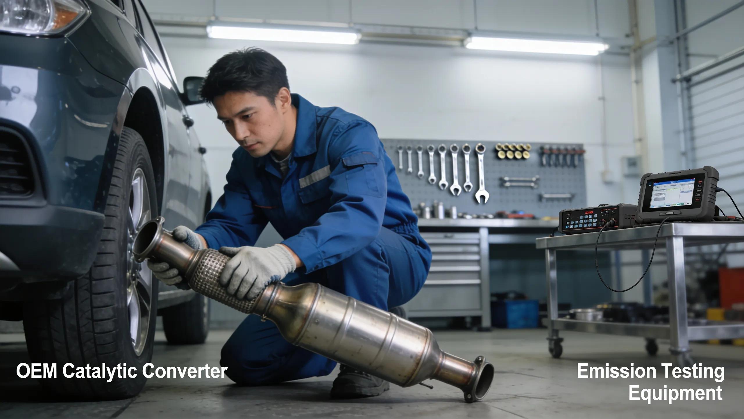 Mechanic inspecting OEM catalytic converter for compliance with emissions standards in a workshop Automotive technician inspecting catalytic converter and emission testing equipment.