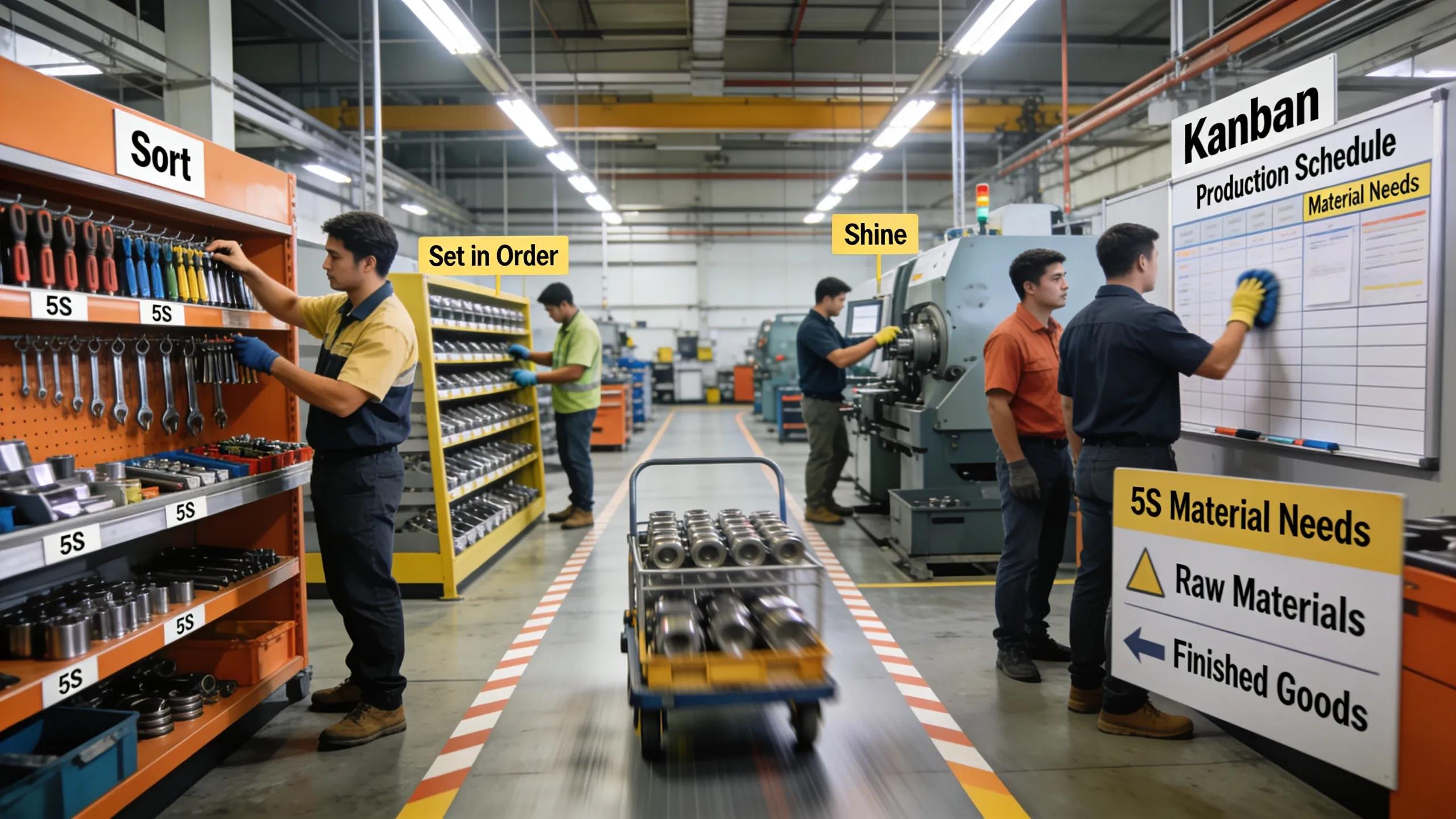 Lean techniques in manufacturing showcasing organized workspaces and efficient workflows to enhance operational efficiency