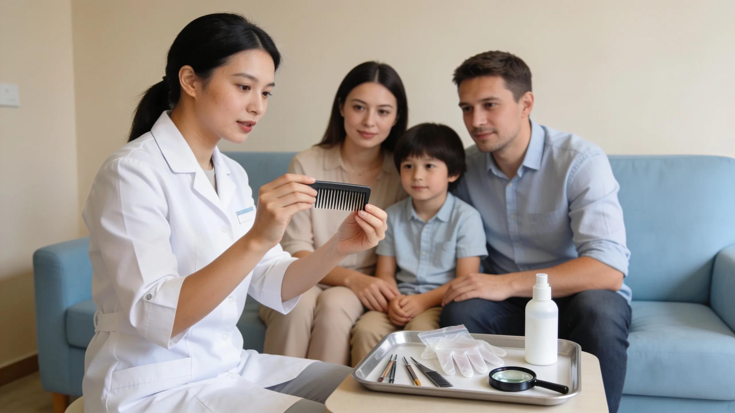 Lice removal technician providing consultation to a family in a treatment room Lice removal technician providing consultation to a family in a treatment room