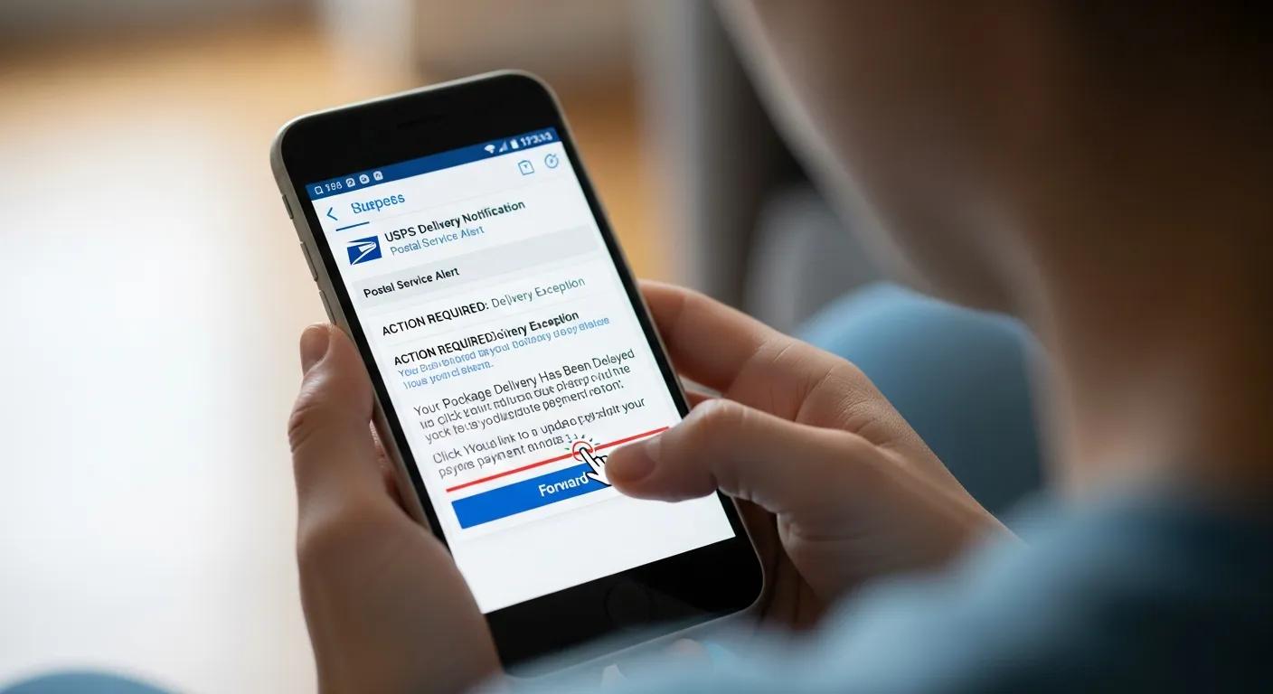 Person forwarding a suspected USPS scam email from a smartphone