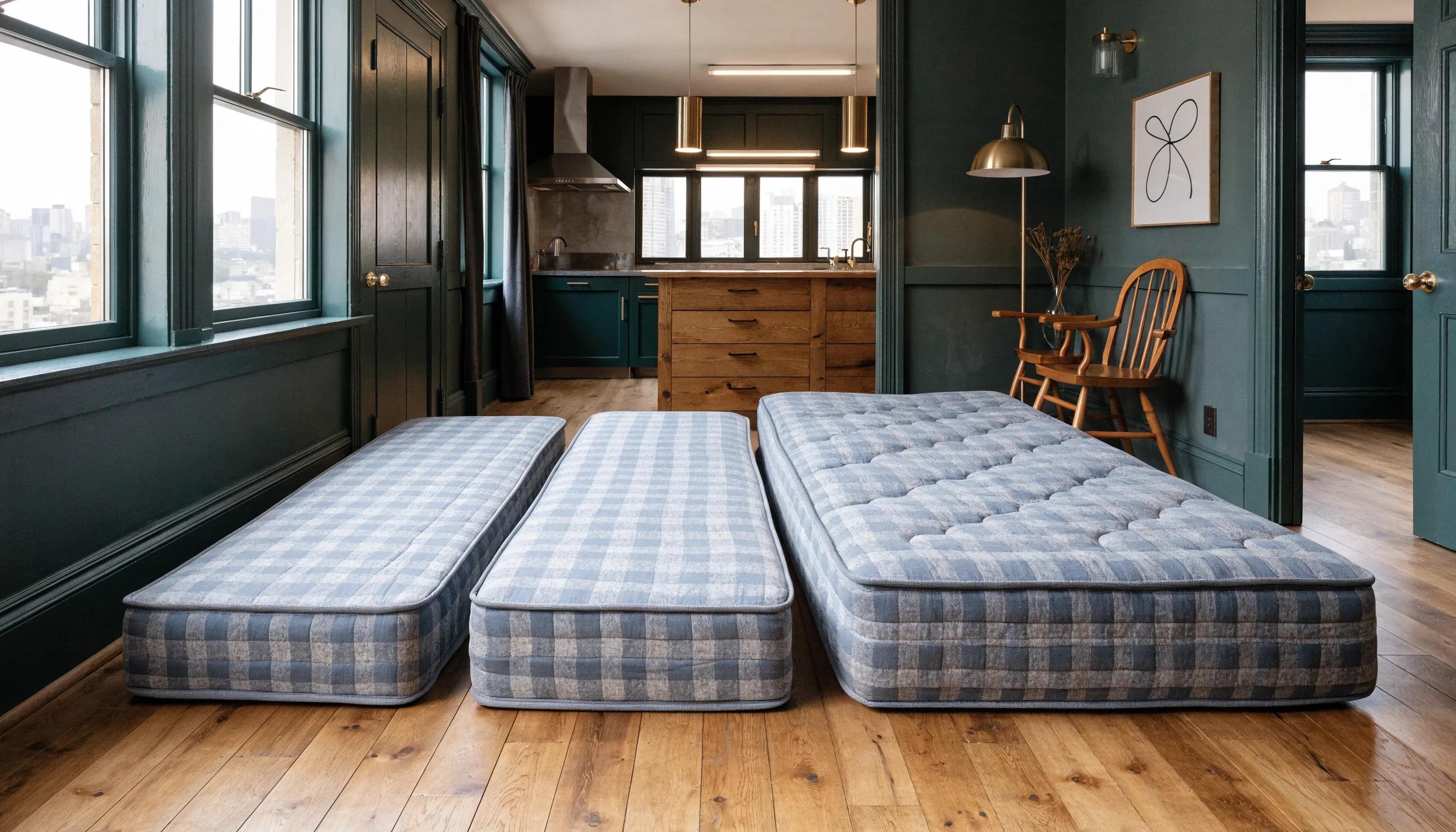 Comparison of single, double, and queen foldable mattresses in a stylish urban apartment, illustrating their fit for small spaces