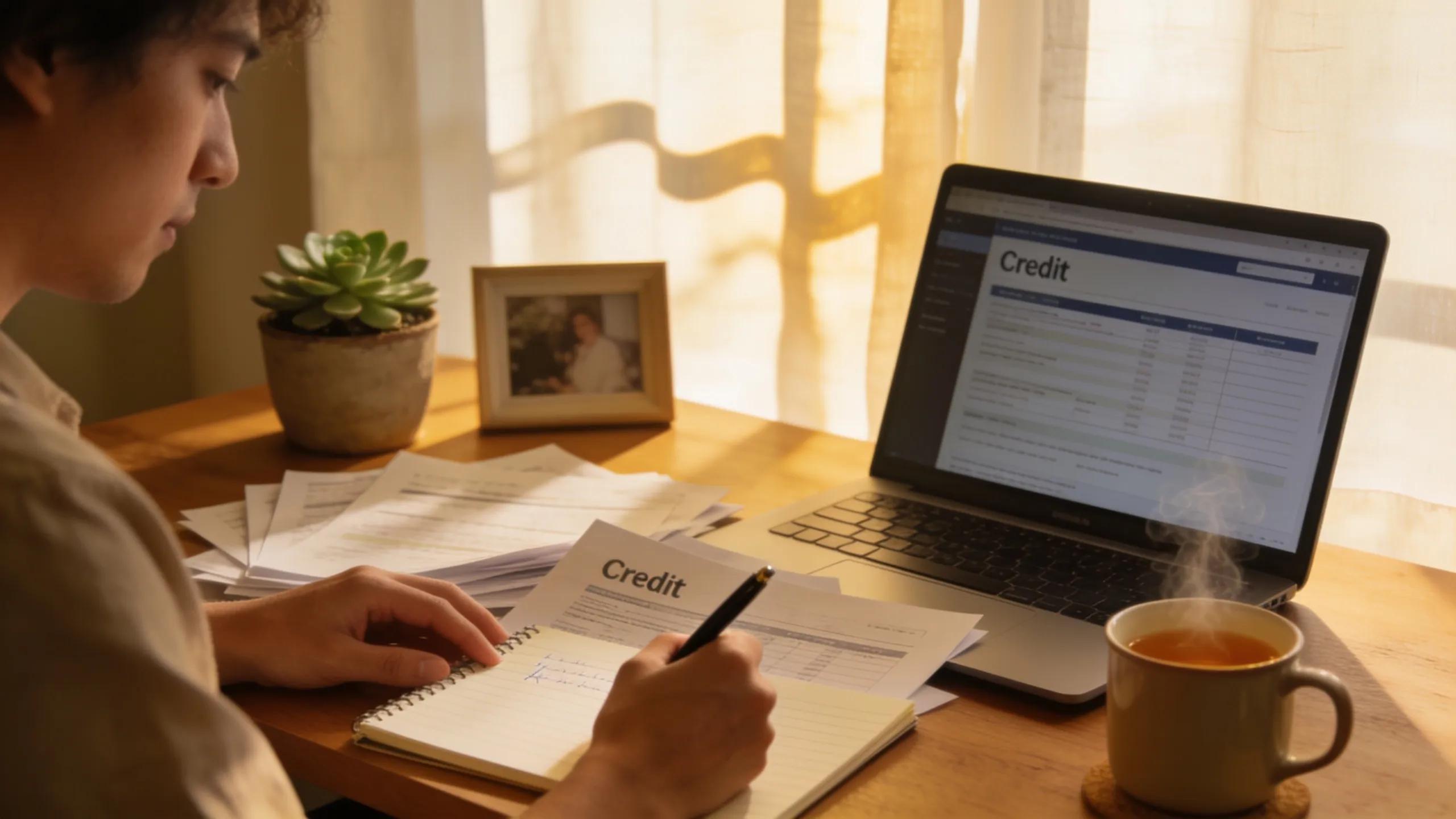 Person organizing papers for disputing credit report errors in a cozy home office, reflecting proactive credit management