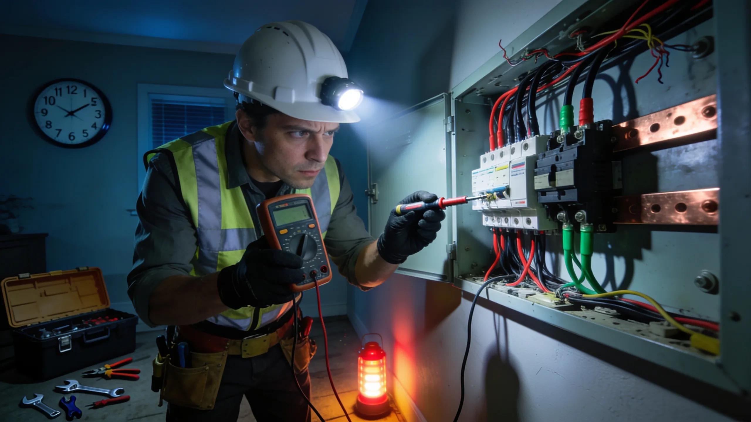 Electrician repairing an electrical panel at home, illustrating urgent electrical intervention services