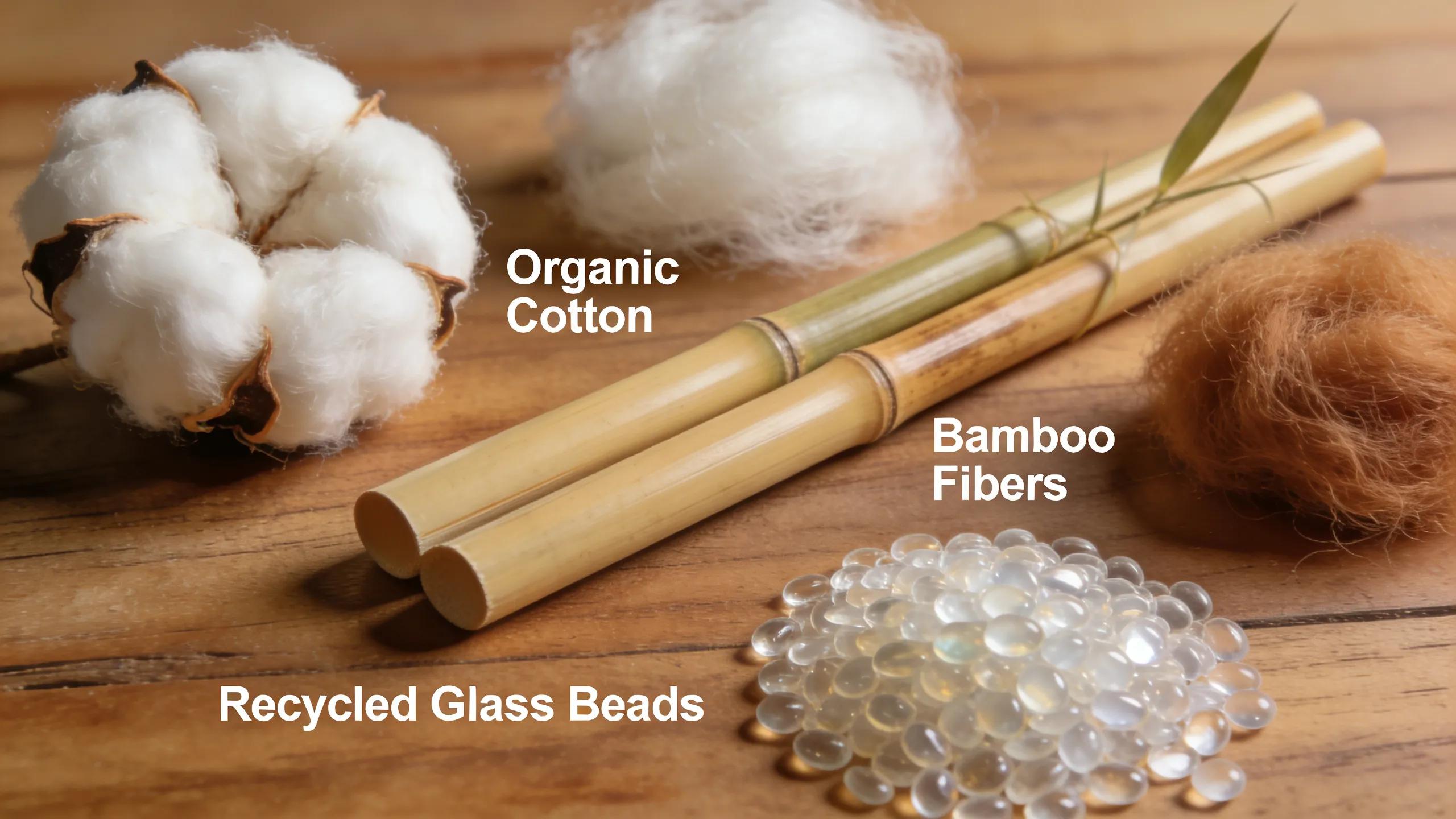 Display of organic cotton, bamboo fibers, and recycled materials illustrating eco-friendly weighted blankets