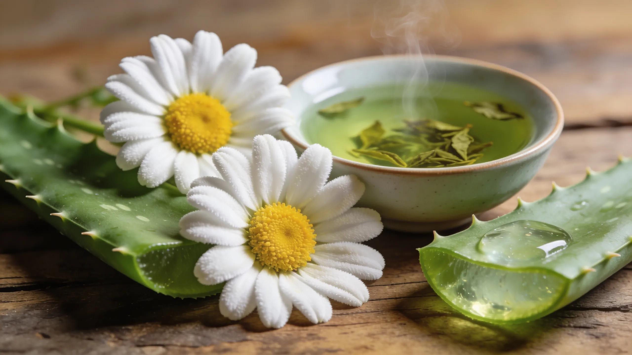 Herbal ingredients like chamomile, aloe vera, and green tea used in herbal facials for natural skincare
