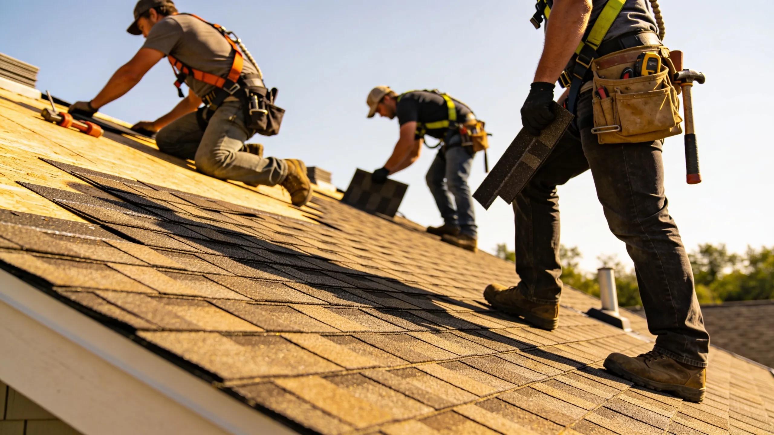 ### Key Elements - **Main Subjects**: Workers on the roof of a house - **Objects**:
