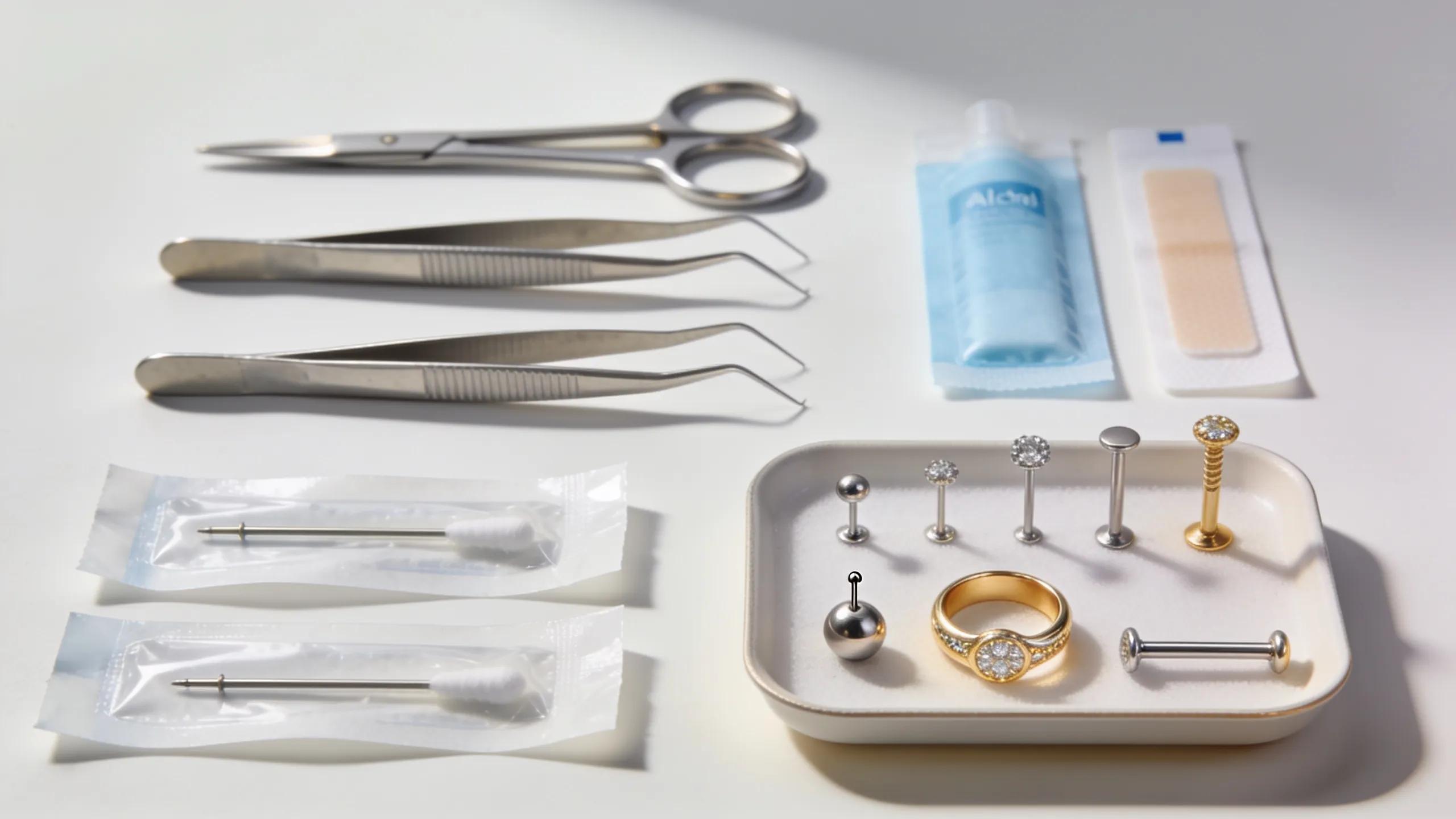 Sterile body piercing equipment and high-quality jewelry representing safety standards in piercing studios.