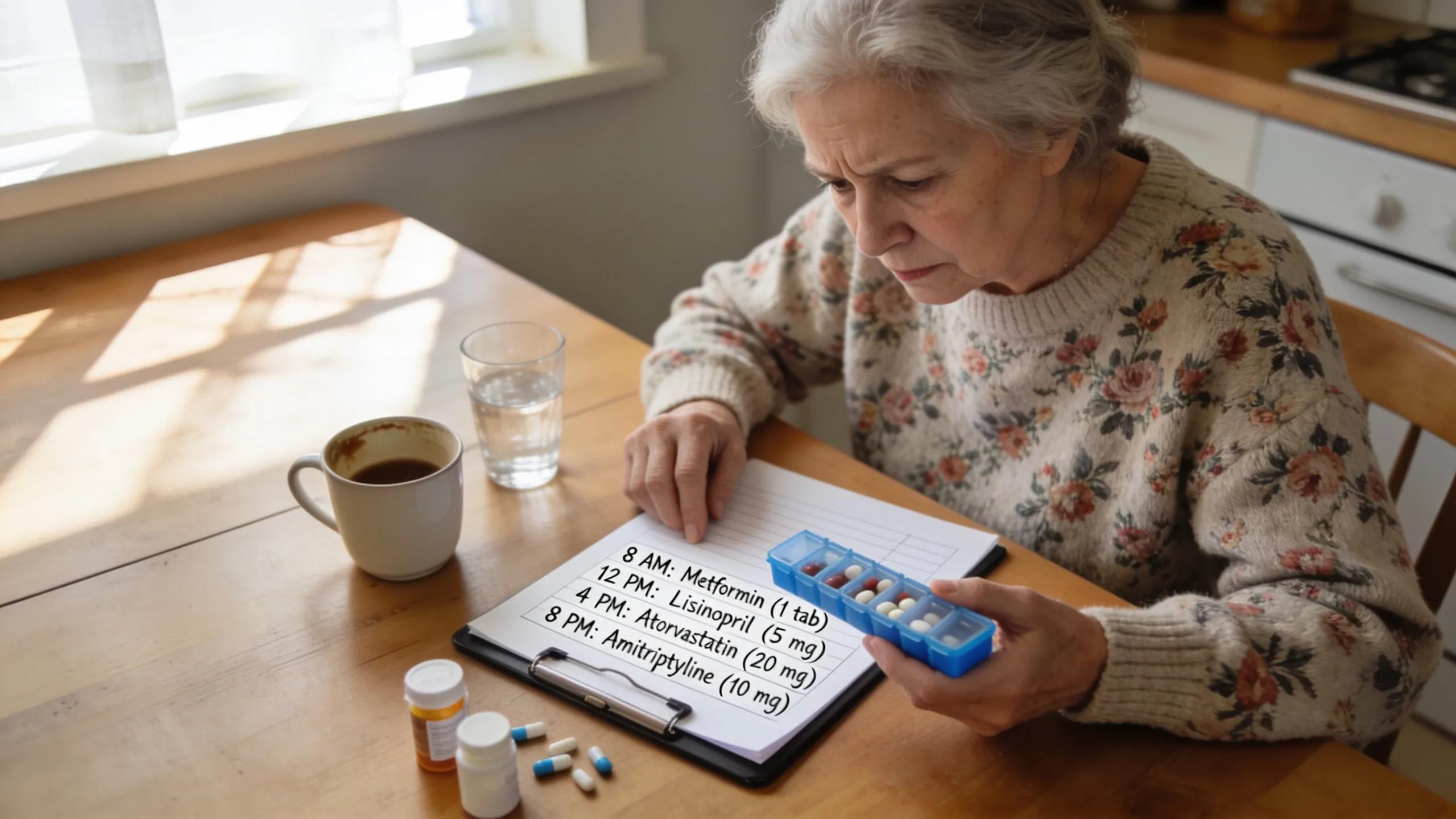 Senior woman reviewing medication schedule at kitchen table emphasizing adherence challenges