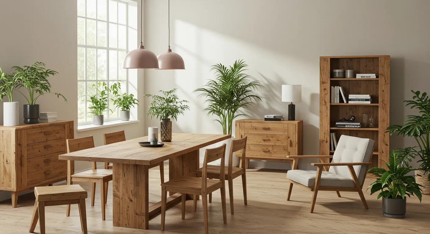 Sustainable timber furniture made from reclaimed wood in a bright setting