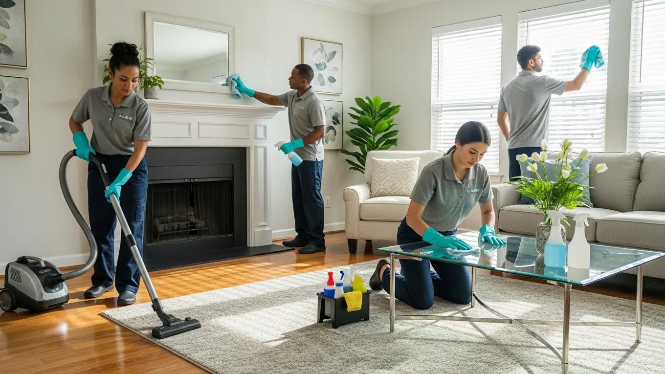 Professional cleaning team working in a rental property, showcasing cleanliness and efficiency
